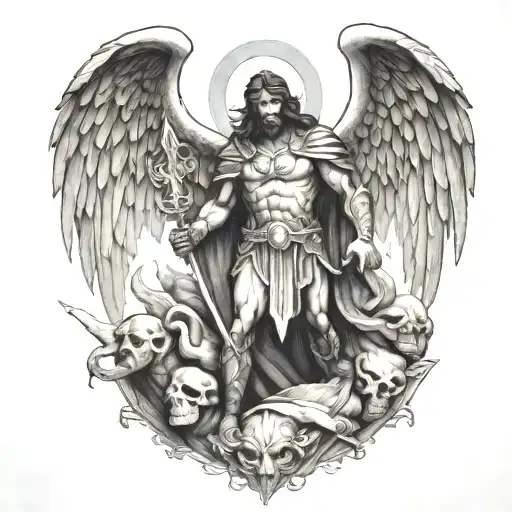 stone st michael killing lucifer tattoo design idea