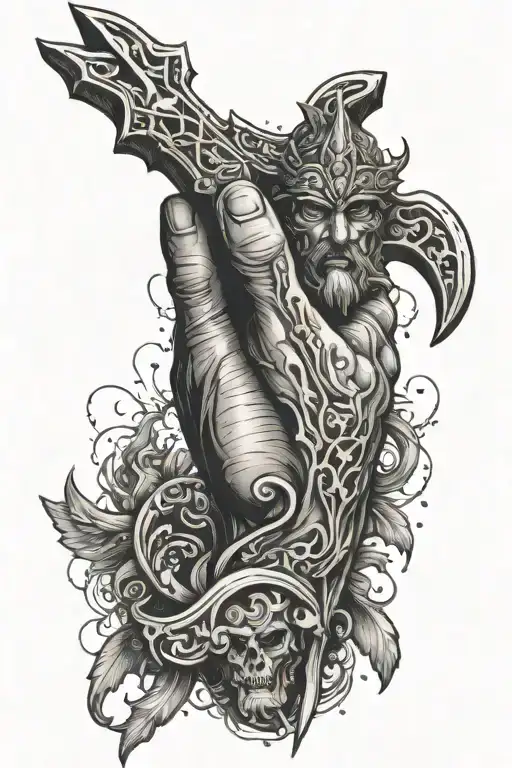 the hand of Poseidon holding a trident that has 3 different lengths of spears representing my 3 sons. Style similar to t tattoo design idea