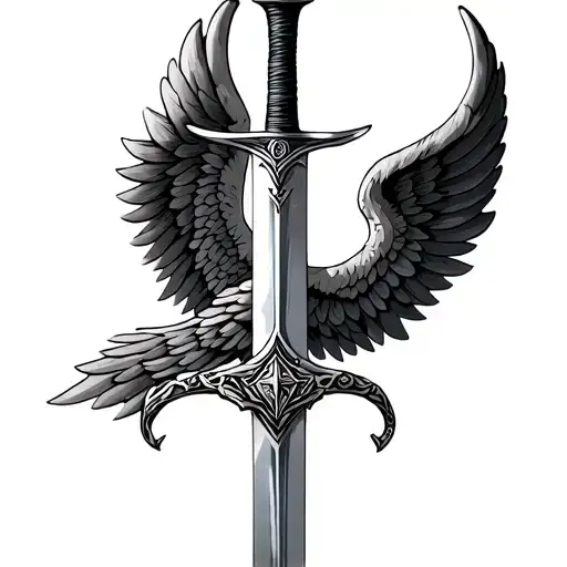 Angle wings with a viking sword going down the spine tattoo design idea