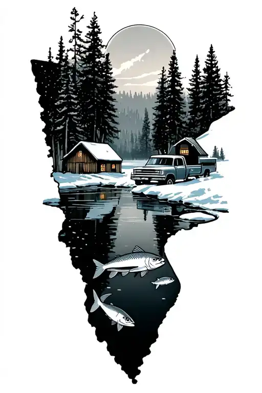 FROZEN MINNESOTA LAKE WITH PINE TREES IN THE BACKROUND, OLD TRUCK, ICE HOUSES ON ICE, AND MN FISH BELOW ICE. tattoo design idea