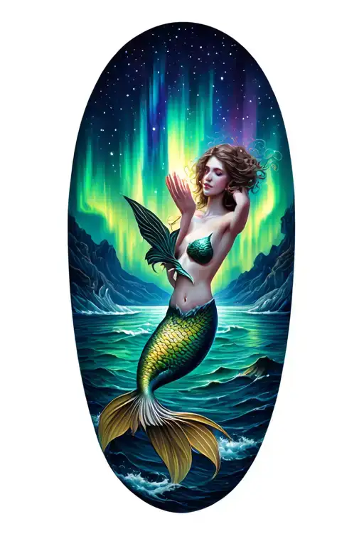 Mermaid with hand reaching up to northern lights tattoo design idea