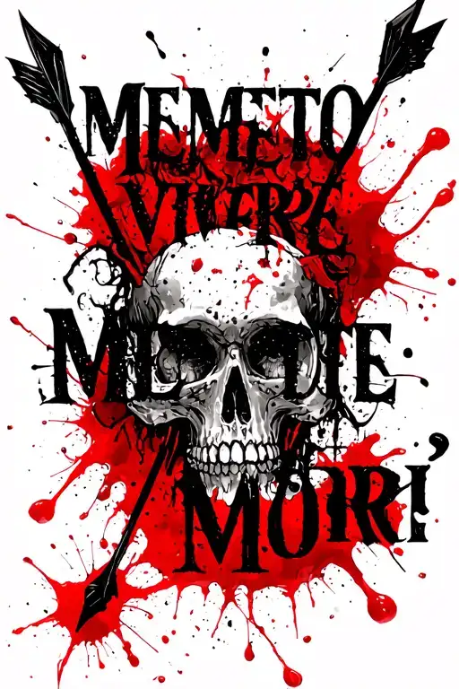 Memento Vivere Memento Mori’ written vertically in bold serif font, with two arrows and a blood-red ink splash  tattoo design idea