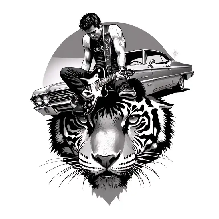 Dean Winchester doing leg guitar on top of a 67 Chevy impala to eye of the tiger tattoo design idea