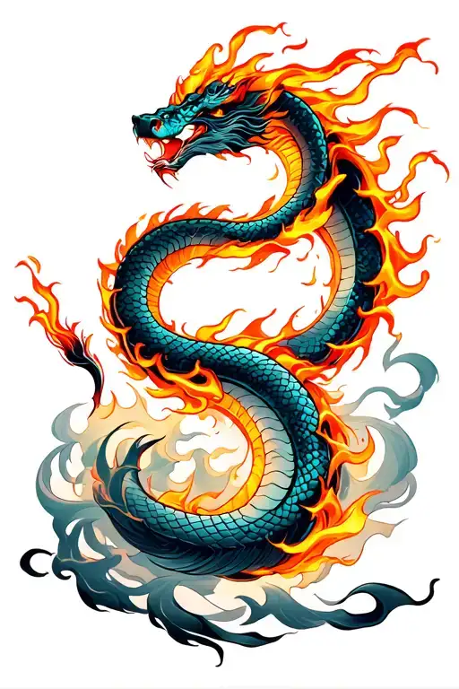 A vivid illustration of a fiery serpent coiling in a dark, mystical landscape. The serpent is composed entirely of flame tattoo design idea