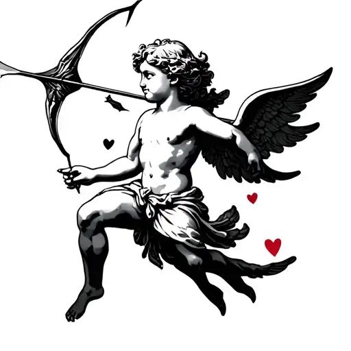 cupid shooting arrow a front view with some hearths  tattoo design idea