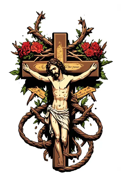 Make me a tattoo with a cross of Jesus Christ, a crown of thorns, some yagas and a whip with some writing on top tattoo design idea
