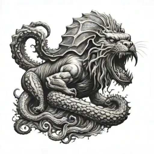 A dog standing guard against a kraken emerging from the depths tattoo design idea