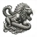 A dog standing guard against a kraken emerging from the depths tattoo design idea