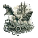 A dog standing guard against a kraken emerging from the depths tattoo design idea
