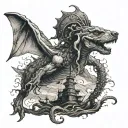 A dog standing guard against a kraken emerging from the depths tattoo design idea