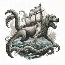 A dog standing guard against a kraken emerging from the depths tattoo design idea