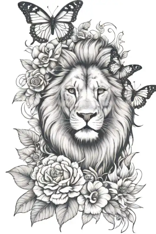 lion butterfly flowers tattoo design idea