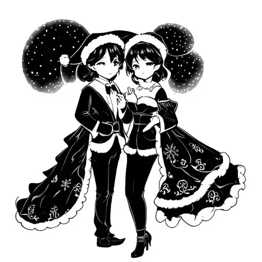 Japanese anime husband and wife dressed as Mr and Mrs Santa clause tattoo design idea