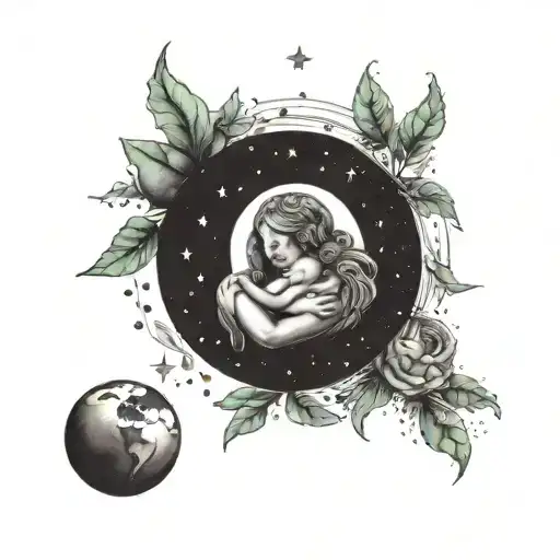 A celestial mother goddess cradling the earth as a baby, with stars and a green planet circling around them tattoo design idea