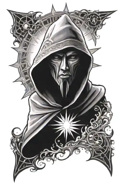 hooded man figure with Filipino sun and star  tattoo design idea