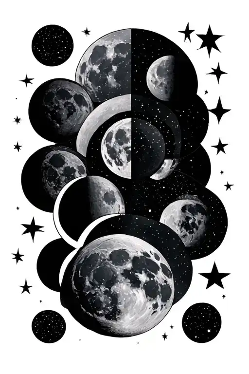 full moon phases, 5 stars tattoo design idea