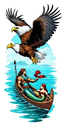 bald eagle at top of sleeve and a Peter Captain Hook in a rowboat around the elbow mermaids below. water scene  tattoo design idea