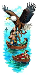 bald eagle at top of sleeve and a Peter Captain Hook in a rowboat around the elbow mermaids below. water scene  tattoo design idea