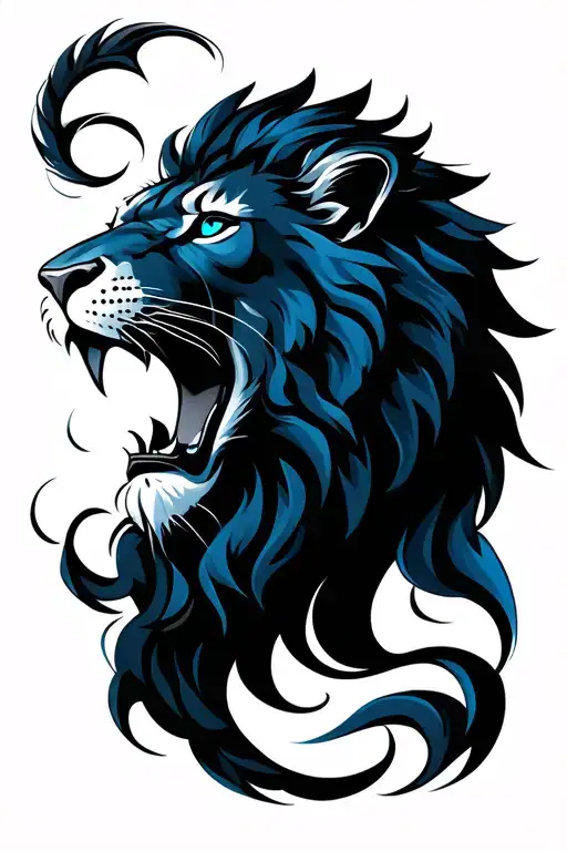 roaring lion face, dark blue eyes, drawn sharp tattoo design idea