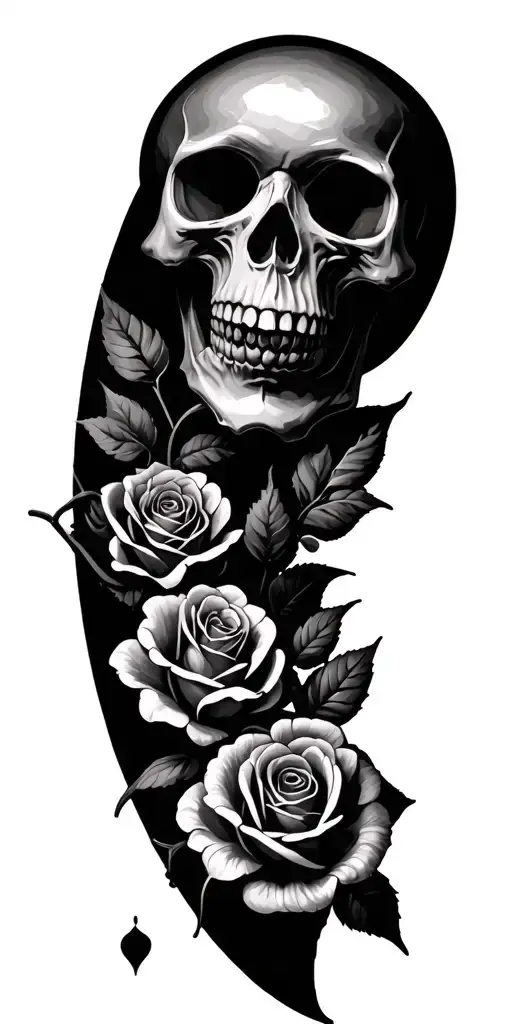 skull, roses, and broken hearts tattoo design idea