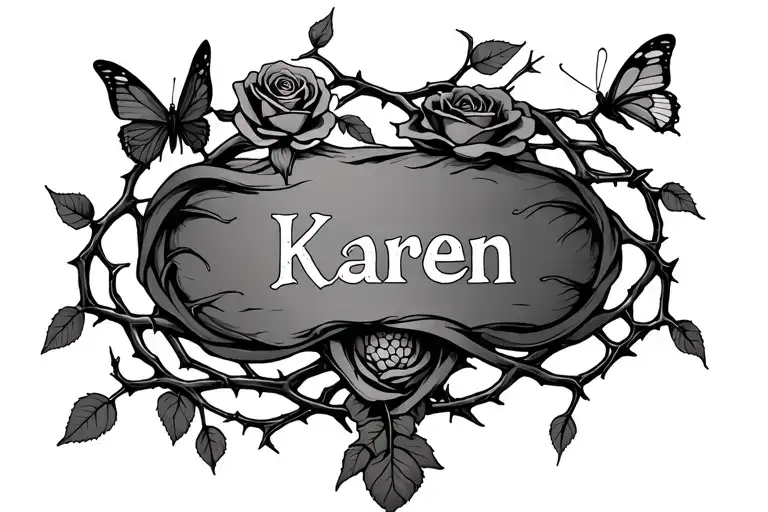 thorn vine weaving around ileostomy scar incorporated with the name Karen incorporated and a rose and a butterfly  tattoo design idea