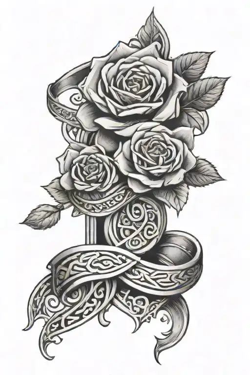 viking armband with a rose in the middle surrounded by viking runes. forearm placement tattoo design idea