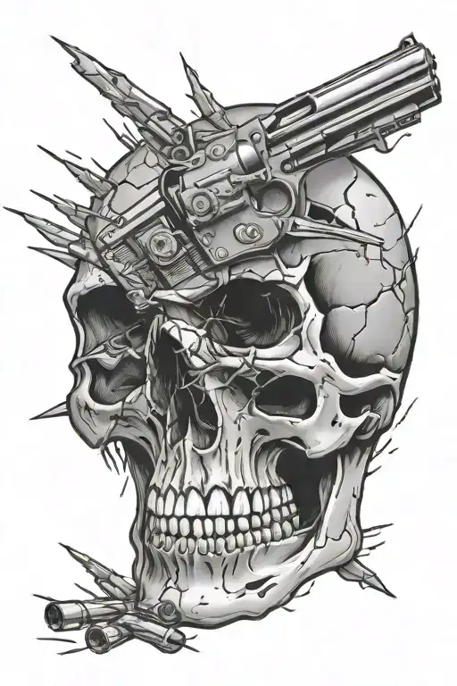 Cracked skull with open mouth, gun firing into the mouth of the skull, bullet coming out the top of the skull tattoo design idea