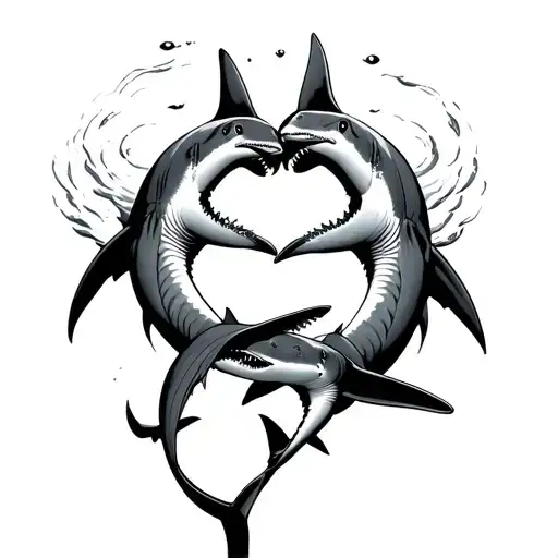 two hammerhead sharks swimming while making the heart shape tattoo design idea
