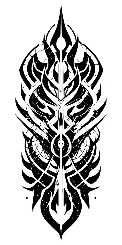 cyber sigilism tattoo, blackwork tribal fusion, futuristic symmetrical glyphs tattoo design idea