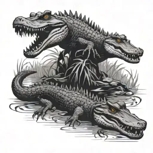 fighting alligators and trash in swamp  tattoo design idea