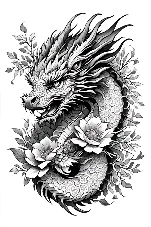 sketch a feminine tattoo that consists of a vietnamese style dragon, flowers and  mandalas - simple line work tattoo design idea