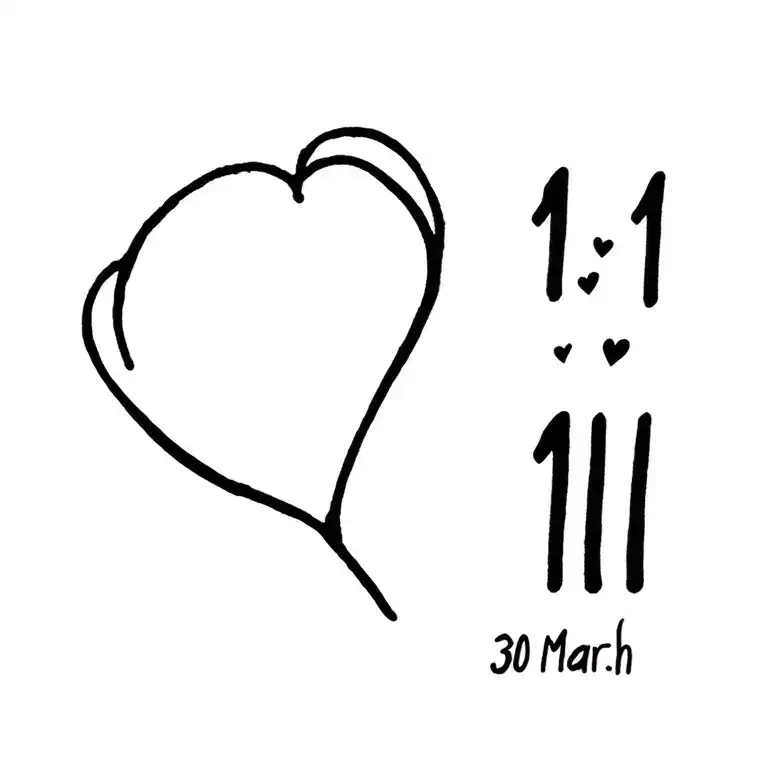 11:11 in a heart with the date 30 March tattoo design idea