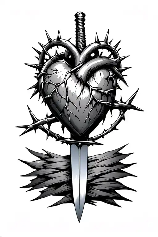 heart with crown of thorns and dagger going through the middle tattoo design idea
