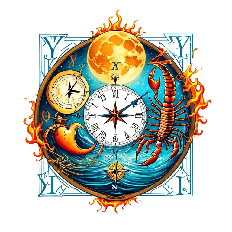 "YRAY" scorpion and sagittarius with the moon and the sun a clock and a compass and a heart with small bands, water and fire tattoo design idea