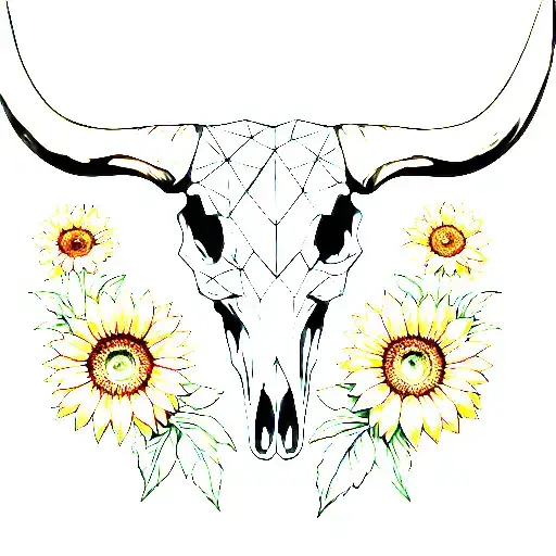 Longhorn skull and sunflowers wrapped tattoo design idea