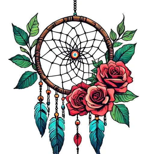 windchime dream catcher with roses tattoo design idea