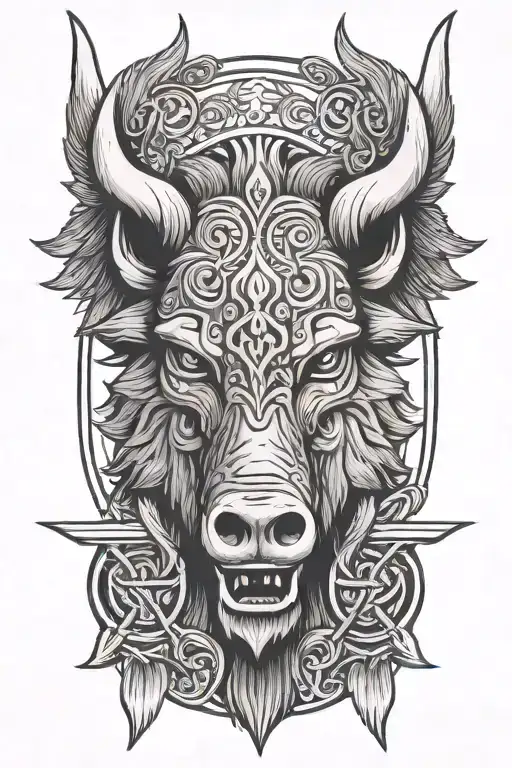 boar head with sword and wings with trinity knot background tattoo design idea