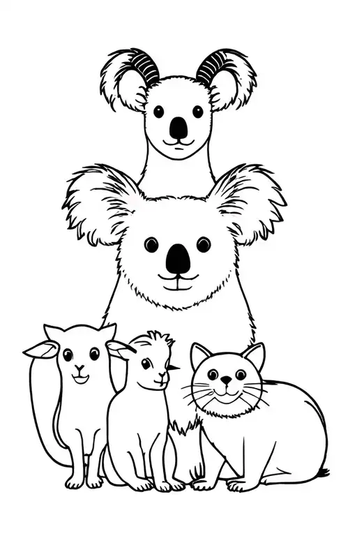 koala in center with cat, goat and otter sitting around koala  tattoo design idea