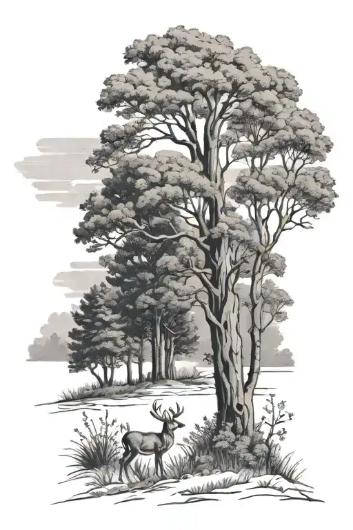 buck standing at treeline overlooking doe and 3 fawn in meadow tattoo design idea