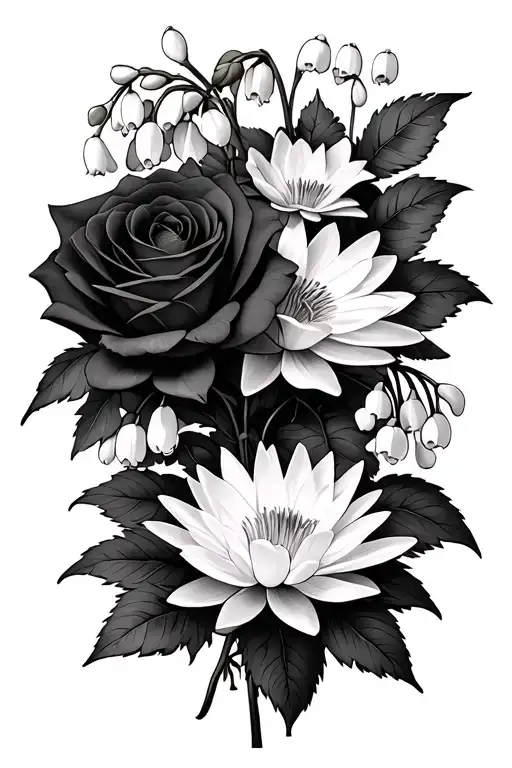 1 Waterlilly flower, 1 rose, 2 lily of the valley flowers, 1 aster flower, 1 marigold flower on bush dark background  tattoo design idea