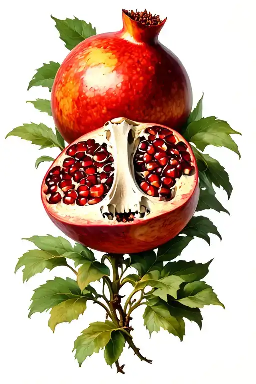 pomegranate resting on flower made of bones with bident going vertically through the pomegranate  tattoo design idea