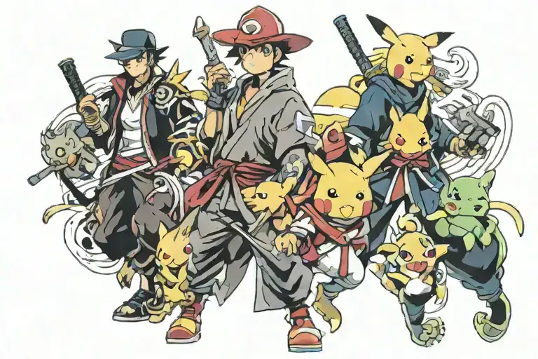 a full sleeve of strong pokemon dressed like ninjas, samurai, and gangsters with money, cars, fighting tournament tattoo design idea