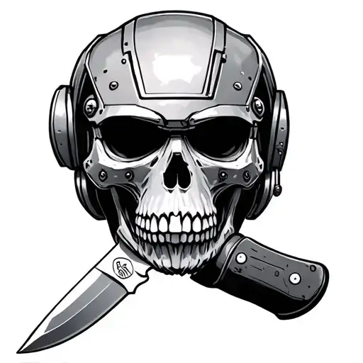 Chef knife in a T-51 power armor helmet adorned skull surrounded tattoo design idea