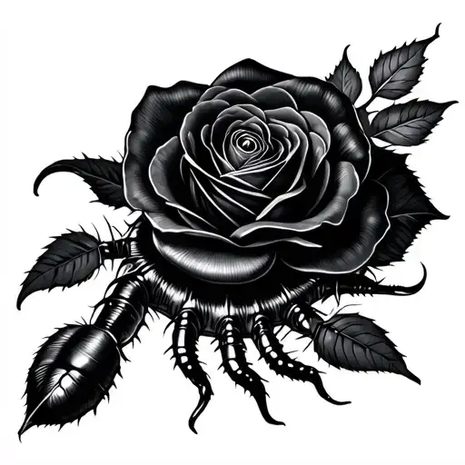 A black centipede with eyes on its body, and a thorny, jet-black rose intertwined within the centipede. tattoo design idea