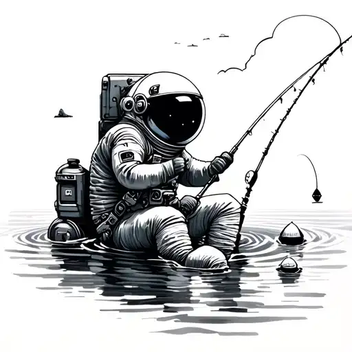 "A surreal black and grey tattoo design for the upper arm. A lone astronaut sits calmly while fishing into a pool of sti tattoo design idea