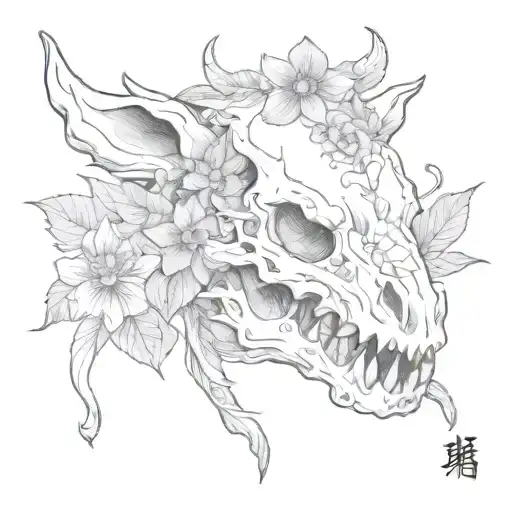 Japanese flowers boar skull tattoo design idea