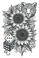 sunflower, cheetah print, dice symbolizing the gamble tattoo design idea