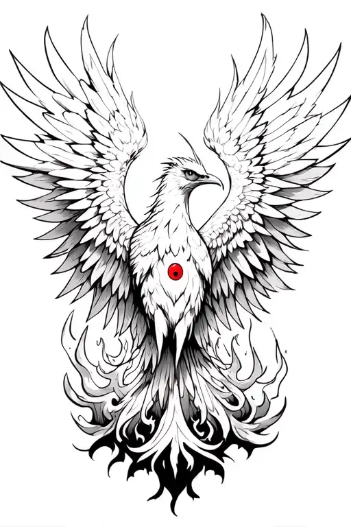 burning wing of a phoenix rising from the ashes symbolizing rebirth, sharingan eyes tattoo design idea