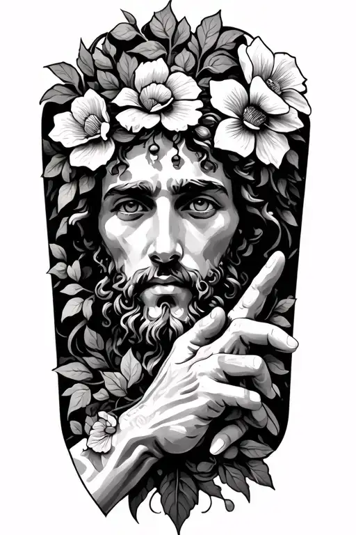 Greek tattoo with flowers and vines and hands pointing with lines  tattoo design idea