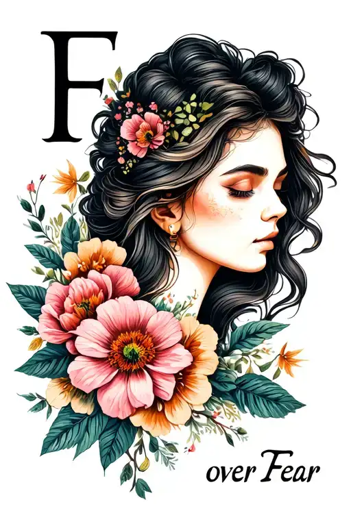 "Faith over Fear" flowers blooming around a lady head profile holding tattoo design idea